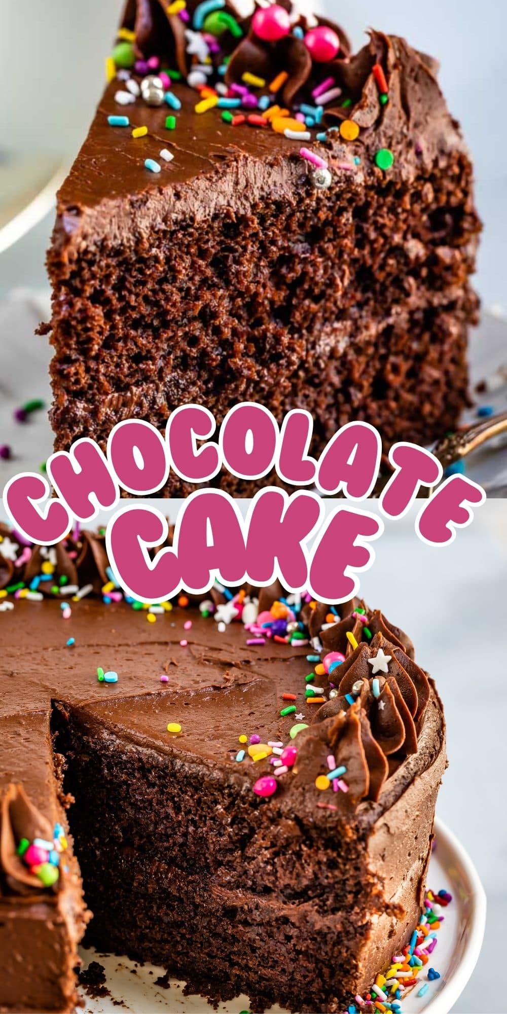 A close-up of a slice and a whole chocolate cake with chocolate frosting, colorful sprinkles, and the words Chocolate Cake Recipe in pink text across the center.