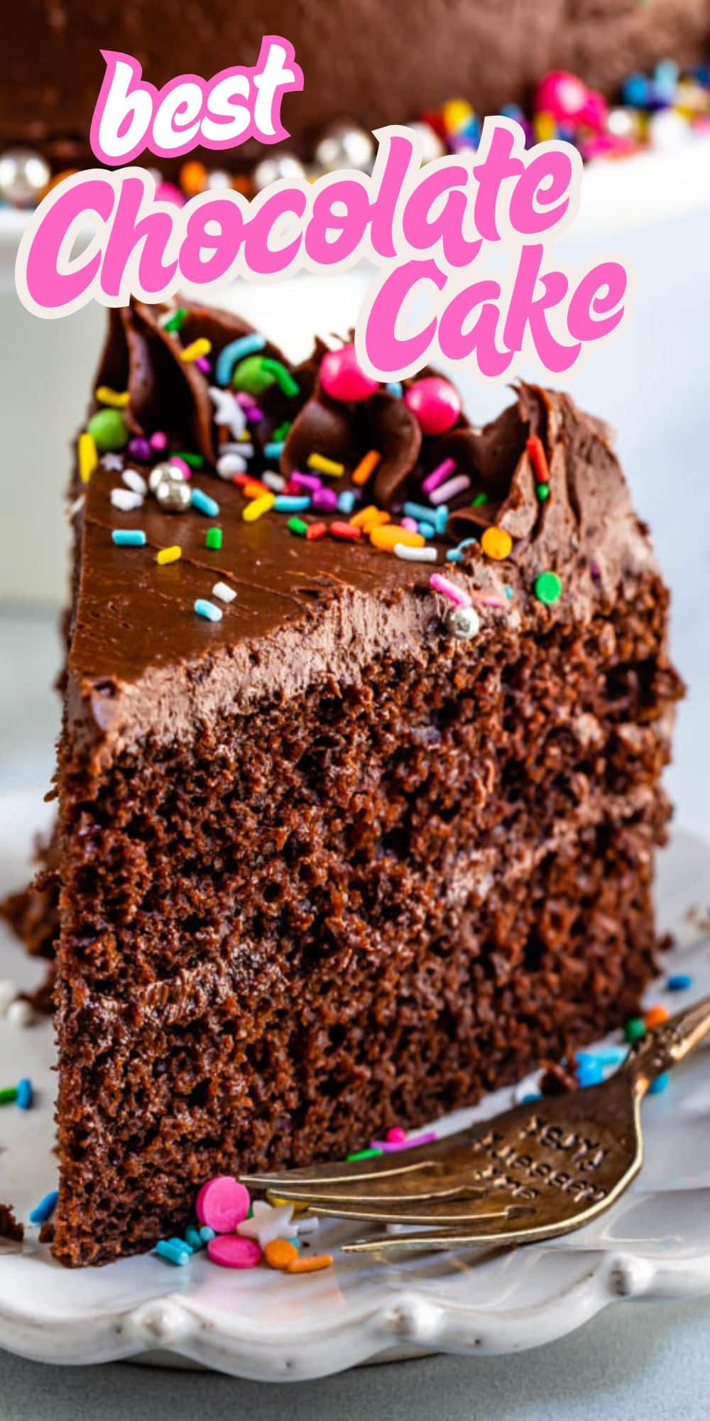 A slice of rich chocolate cake with chocolate frosting and colorful sprinkles sits on a white plate with a fork. The text best chocolate cake recipe is written in bright pink at the top.