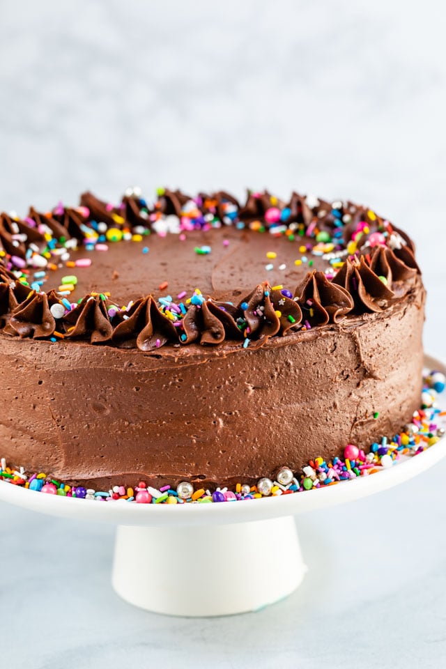 Layered chocolate cake with chocolate frosting on a white cake stand