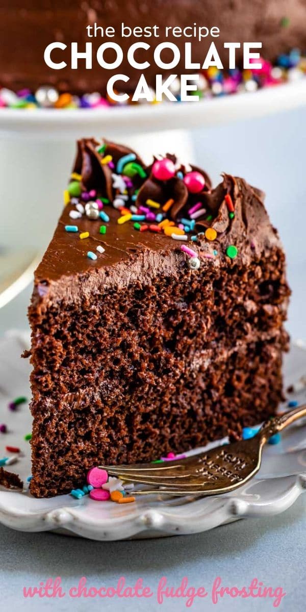 Slice of chocolate layered cake on white plate with words on top of photo