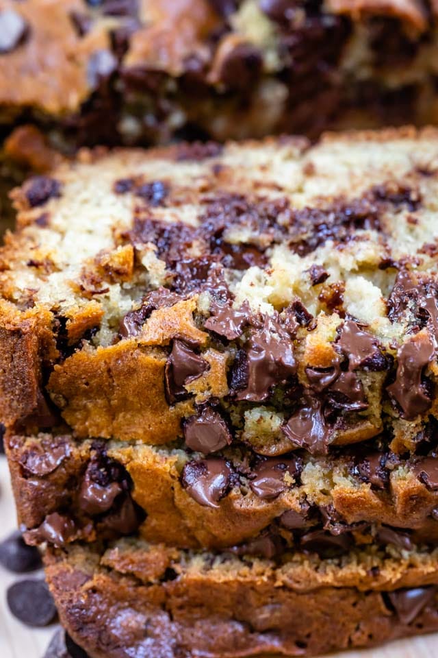 close up of stack of chocolate chip banana bread