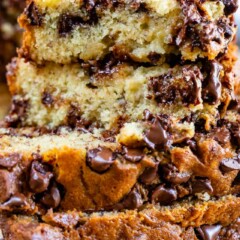 close up of stack of chocolate chip banana bread