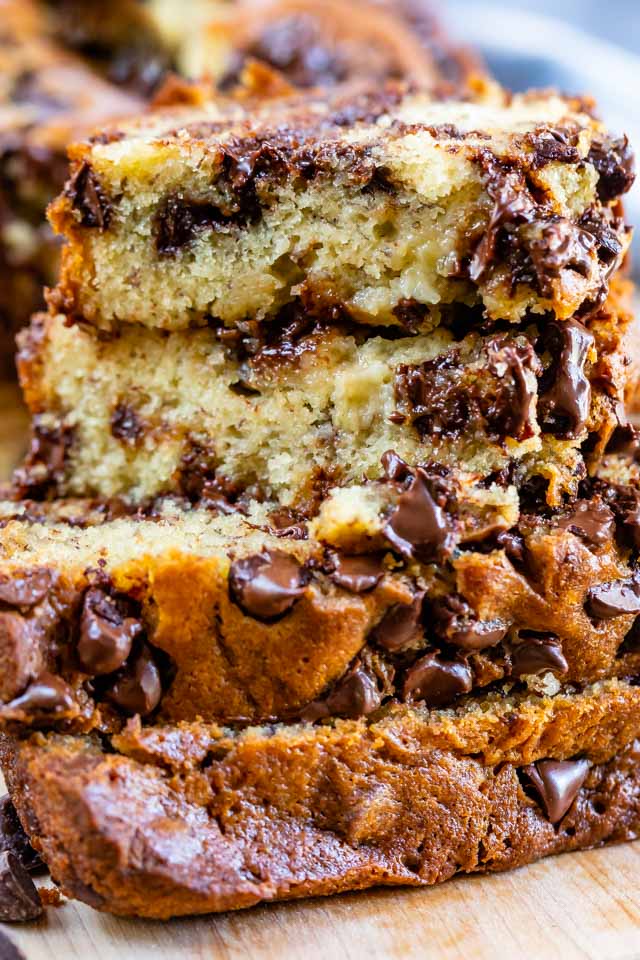 close up of stack of chocolate chip banana bread
