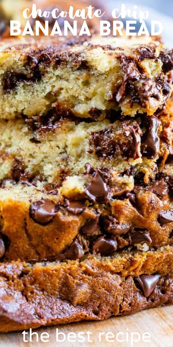 close up of stack of chocolate chip banana bread with words