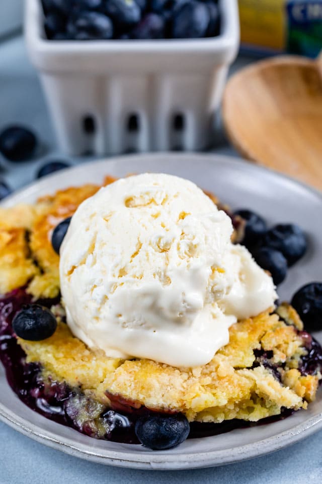 blueberry cobbler ala mode on gray plate with blueberries behind