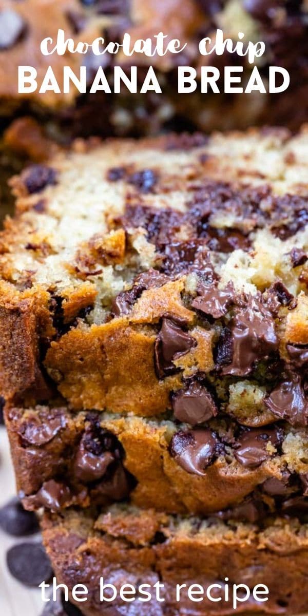 close up of stack of banana bread slices with chocolate chips and words