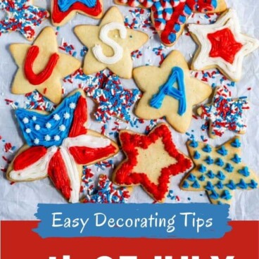 overhead shot of star shaped sugar cookies decorated with red, white and blue frosting with words on photo
