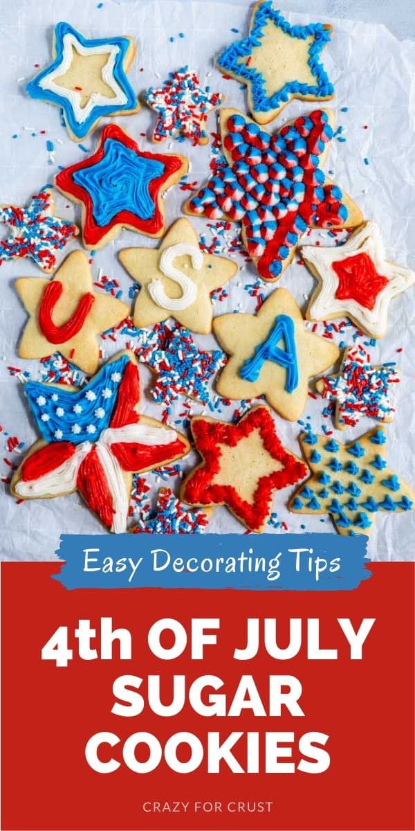 overhead shot of star shaped sugar cookies decorated with red, white and blue frosting with words on photo