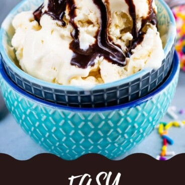 Easy ice cream scoops with chocolate drizzle in blue bowl with words at the bottom of photo