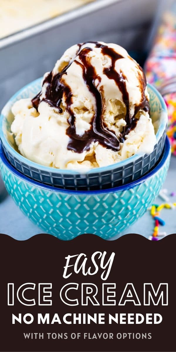 Easy ice cream scoops with chocolate drizzle in blue bowl with words at the bottom of photo