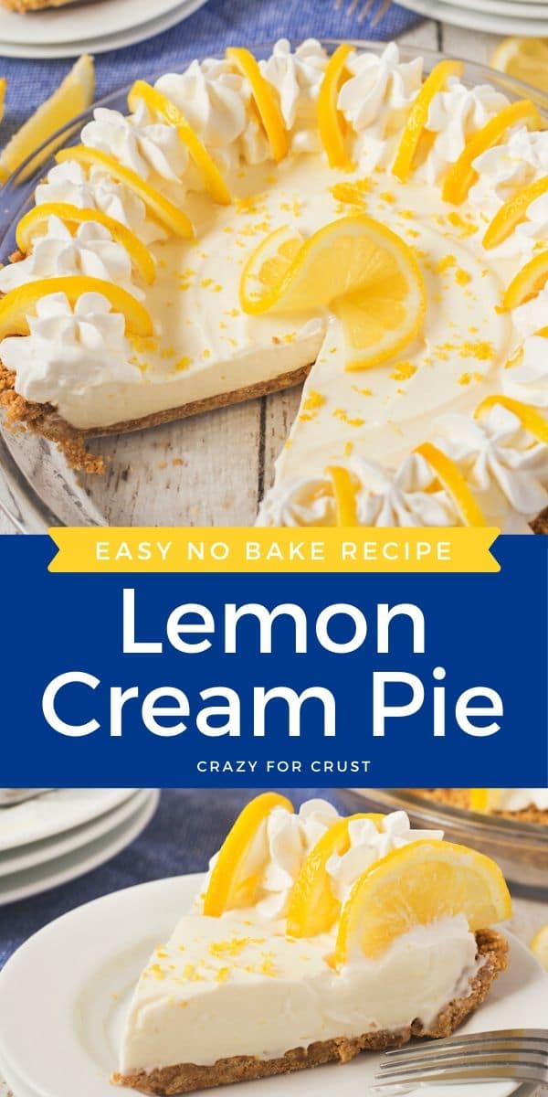 Photo collage of no bake lemon pie with recipe title in the middle on a blue colorblock