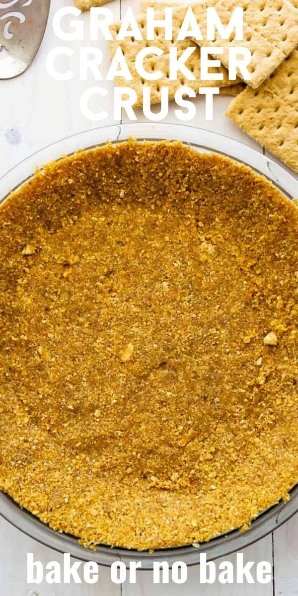 Overhead shot of graham cracker crust with recipe title on top of image