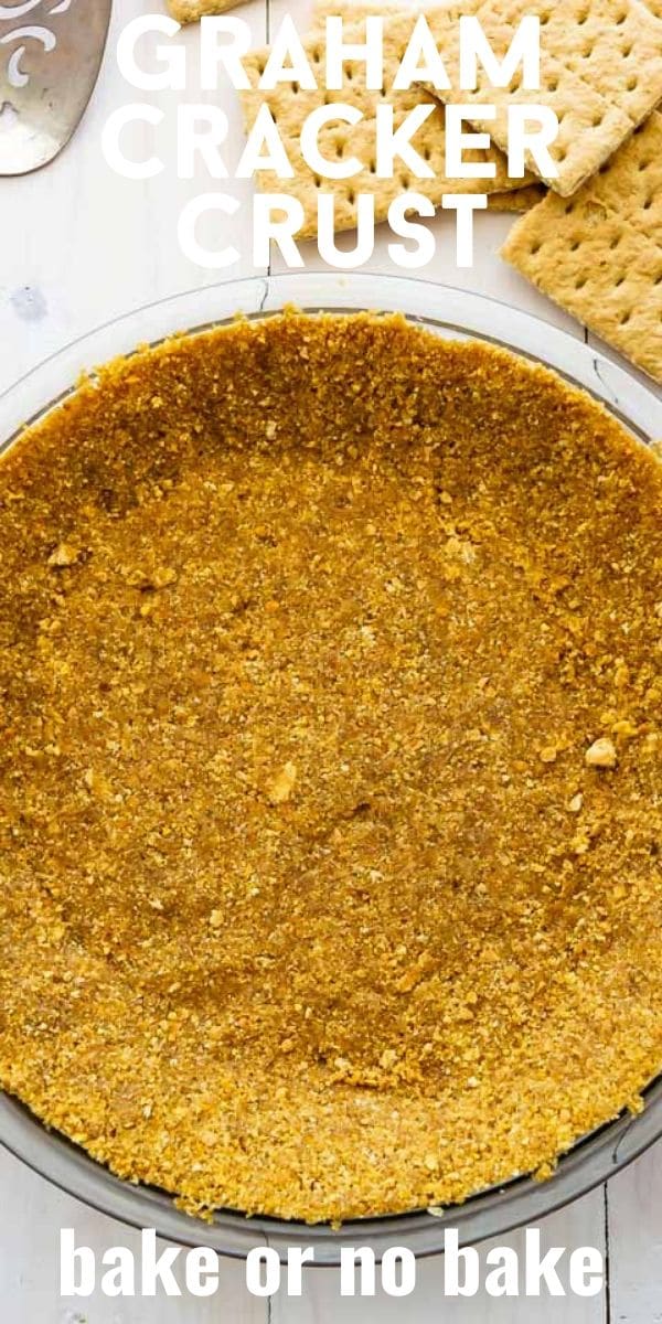 Overhead shot of graham cracker crust with recipe title on top of image