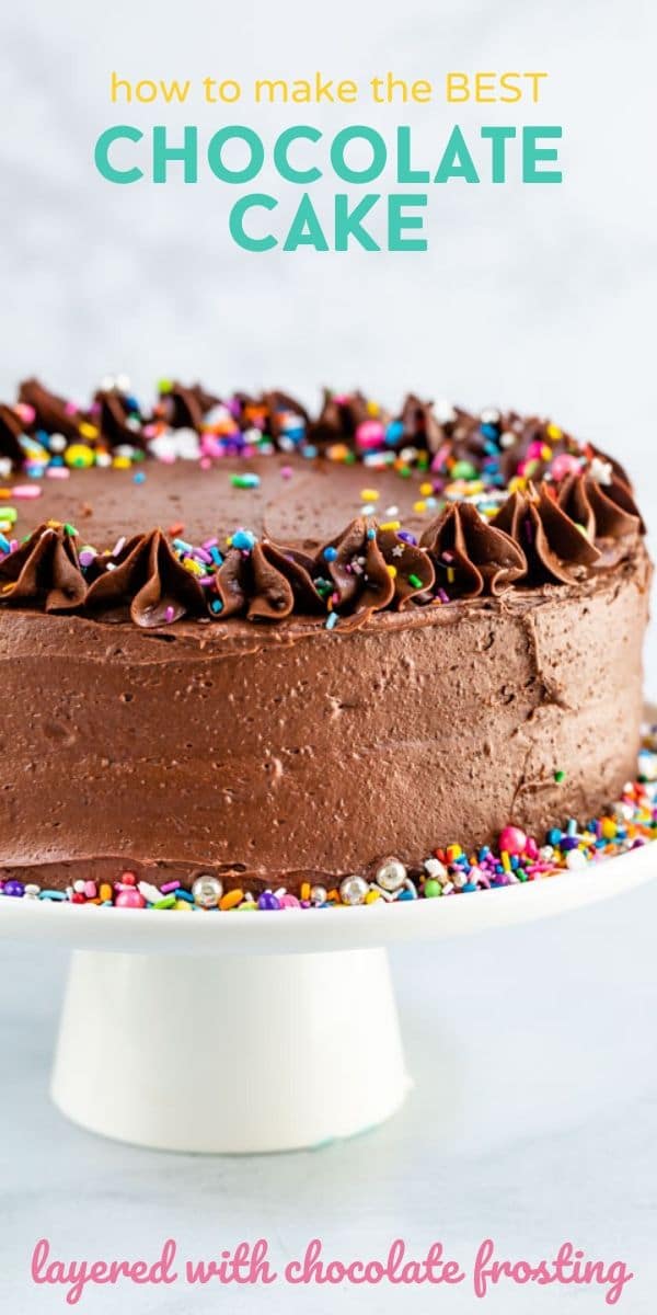 Chocolate cake decorated with chocolate frosting and rainbow sprinkles on white cake stand with words at top and bottom of photo