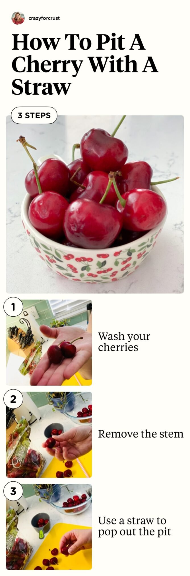 Photos showing the three steps to pit a cherry with a straw