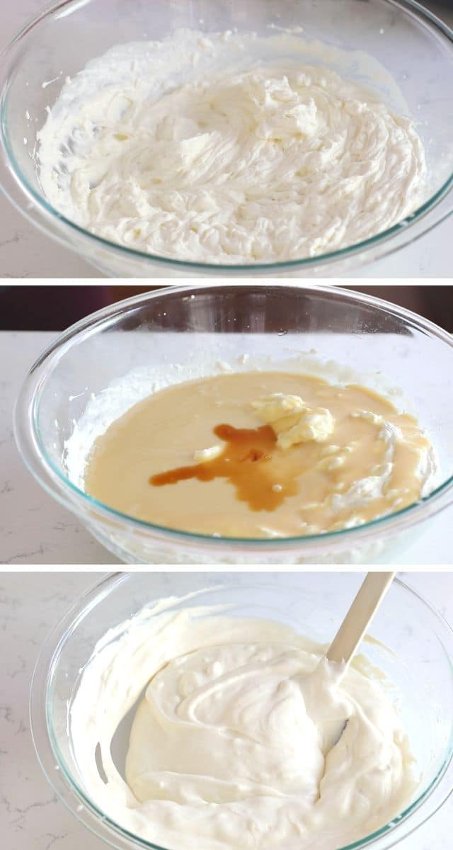 3 images showing whipped cream, sweetened condensed milk and finished ice cream in bowl
