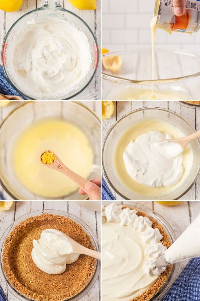 Collage of 6 photos showing the process of making the no bake lemon pie filling