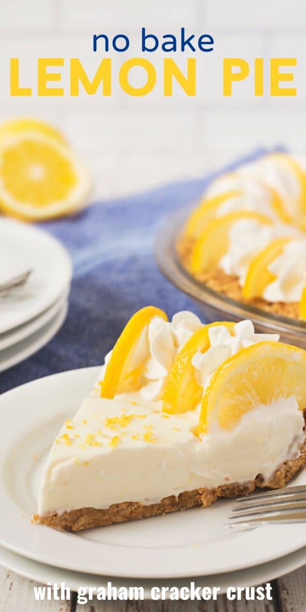 No bake lemon pie slice on white plate with fork and recipe title on top of photo in blue and yellow text