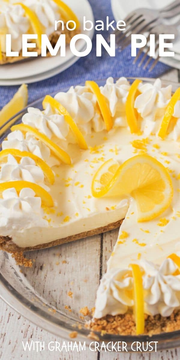 Overhead shot of no bake lemon pie in glass pie dish with one piece missing and recipe title on top of photo in white text