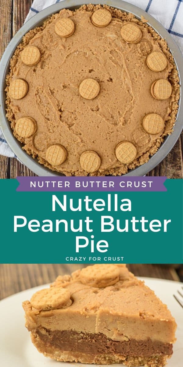 Two photo collage of nutella peanut butter pie with recipe title and colorblock in the middle of the photos
