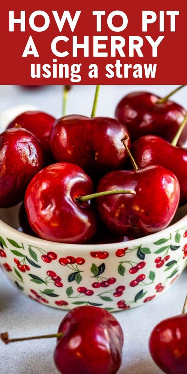 Bowl of cherries with colorblock and blog title on to of image
