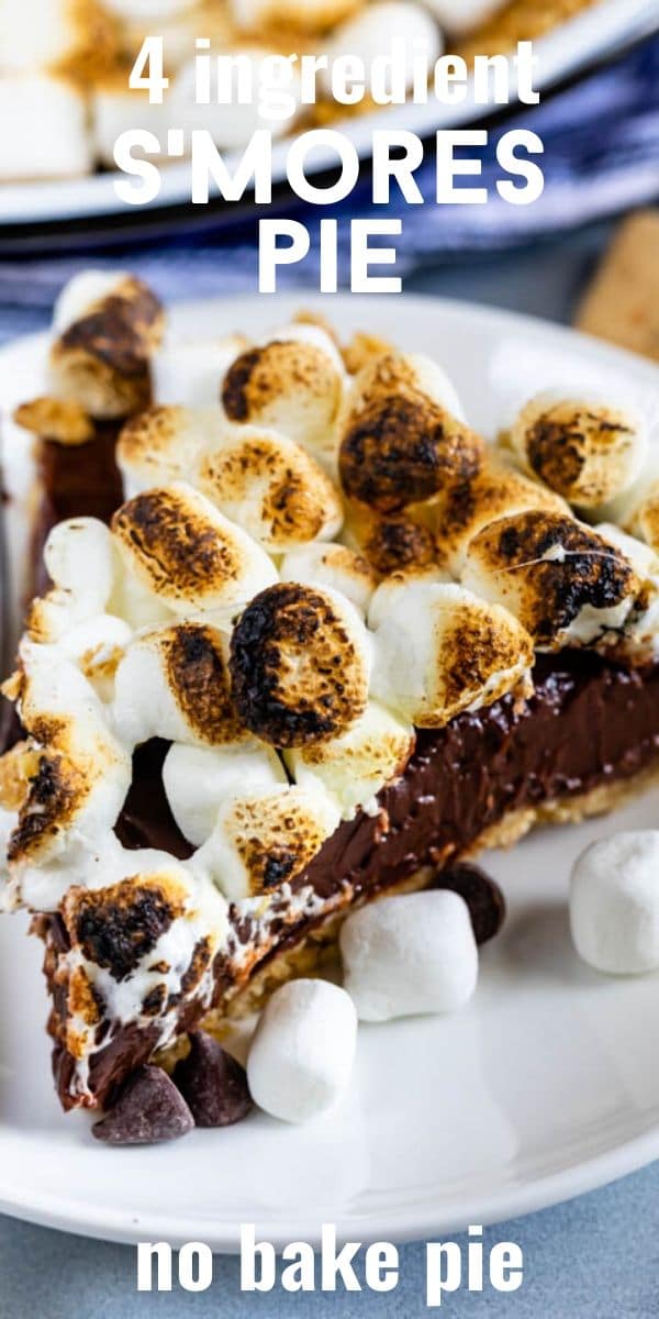 Close up shot of S'mores pie slice on white plate with mini marshmallows and recipe title in text on image