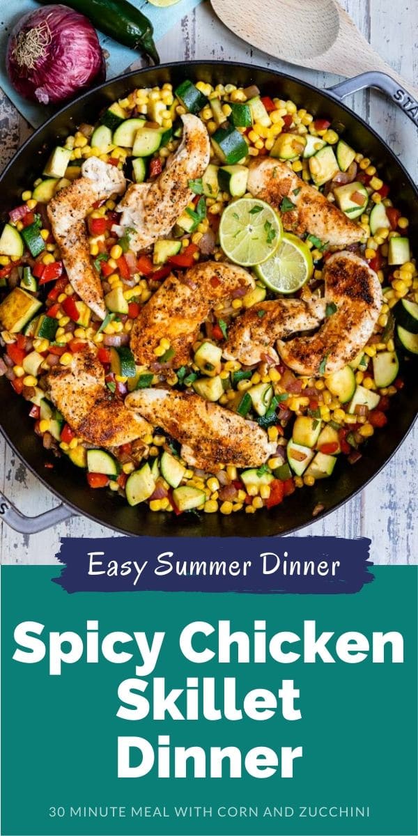 Overhead shot of spicy chicken dinner in a skillet with recipe title on bottom of photo