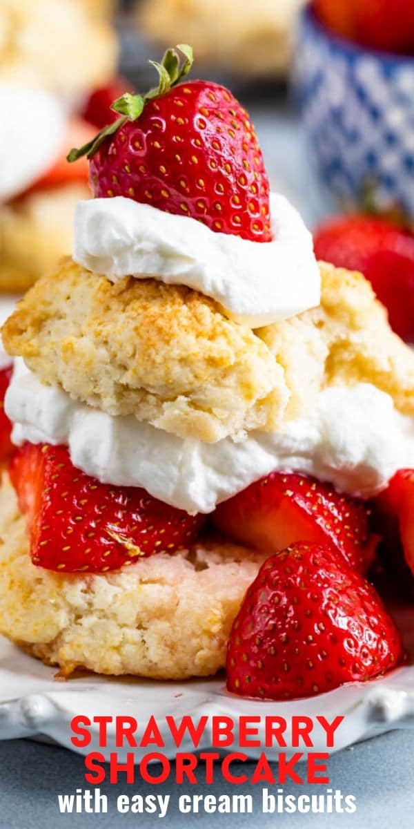 Biscuit strawberry shortcake on white plate with words on photo