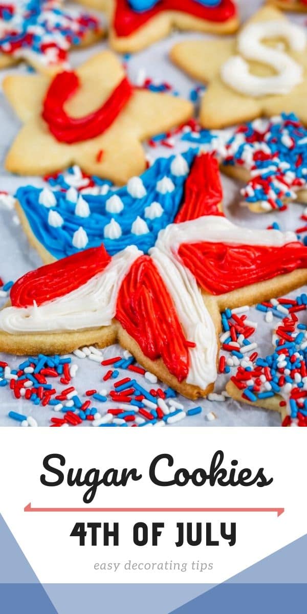 overhead shot of star shaped sugar cookies decorated with red, white and blue frosting