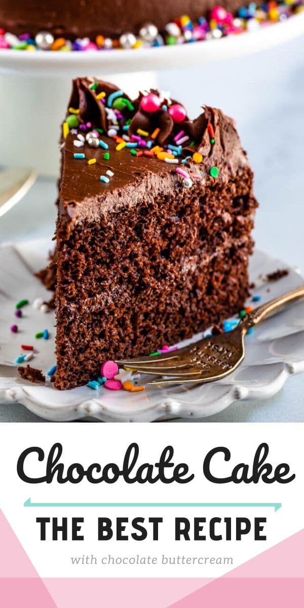 Slice of chocolate cake on white plate with words at the bottom of photo