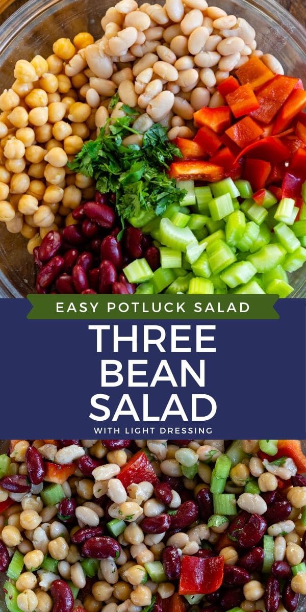 Photo collage of three bean salad with colorblock and recipe title in middle of photos