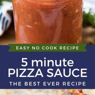 Photo collage of easy pizza sauce with color block and recipe title between the two photos