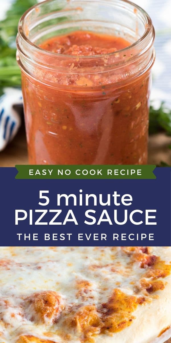 Photo collage of easy pizza sauce with color block and recipe title between the two photos