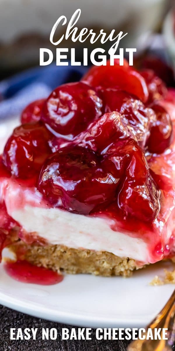 Slice of cherry delight on white plate with recipe title on top of image