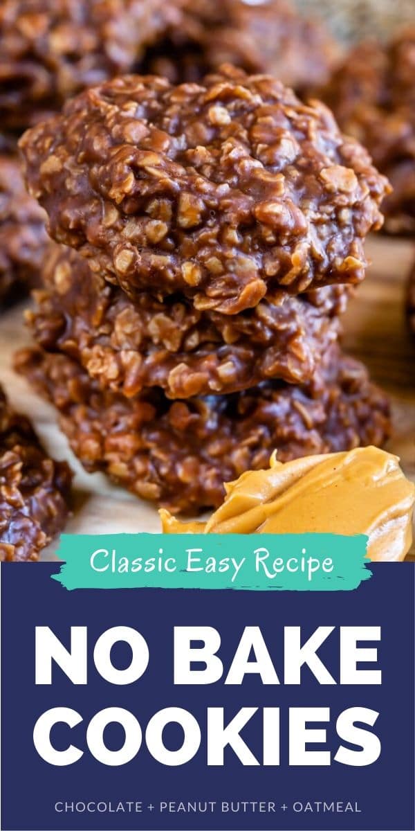 Stack of no bake cookies on a wood cutting board with spoon of peanut butter below cookies with color block and recipe title on bottom of photo