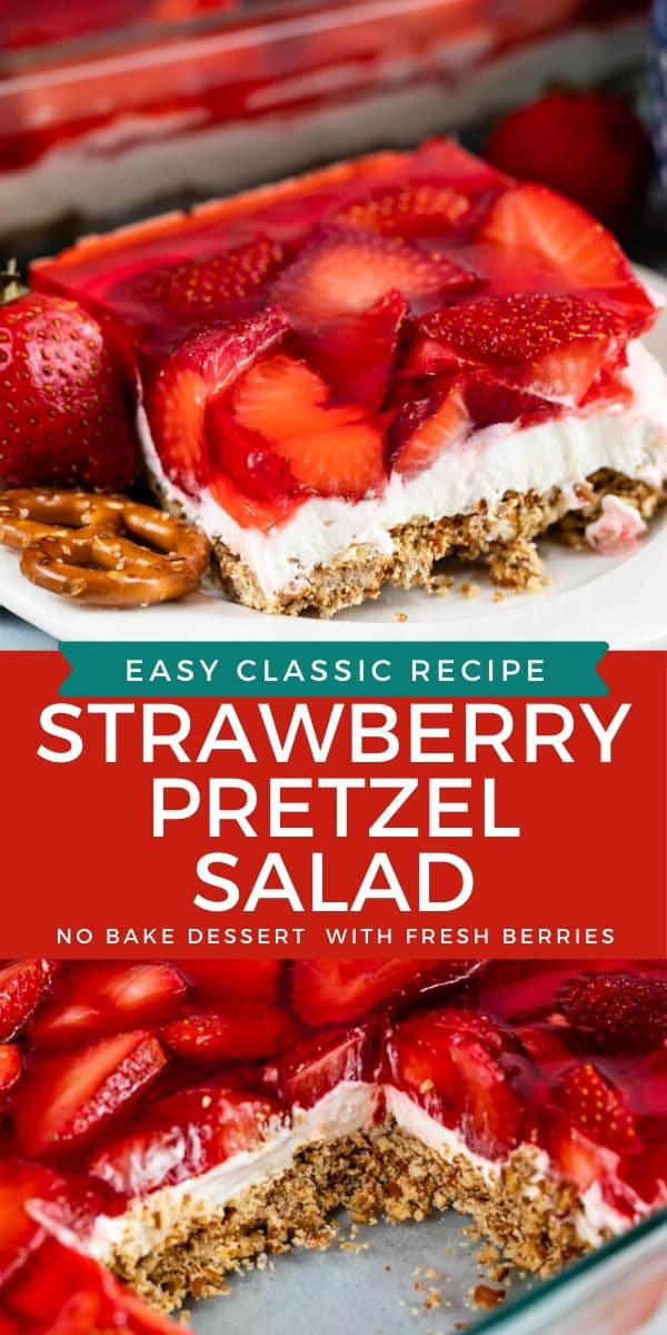 Strawberry pretzel salad photo collage with color block and recipe title in middle of photos