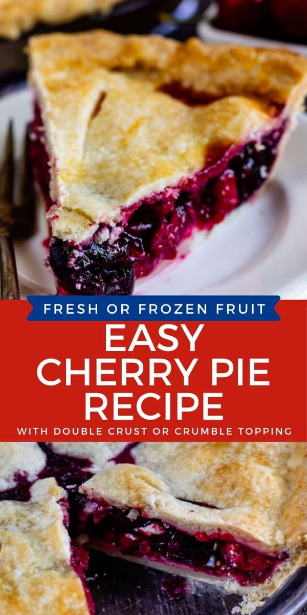 Photo collage of easy cherry pie with color block and recipe title in middle of photos
