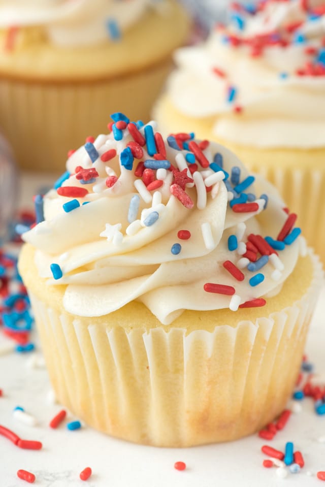 Close up shot of Fireworks surprise cupcakes with sprinkles on top and around