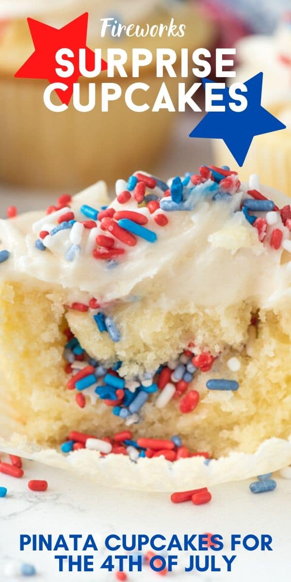 Fireworks surprise cupcake cut in half to show red white and blue sprinkle surprise in middle with recipe title on top of image