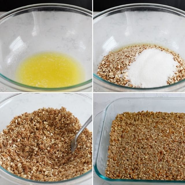 four photo collage showing process of making pretzel crust
