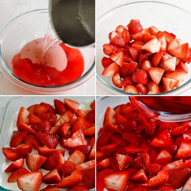 Four photo collage showing process of making strawberry jello filling