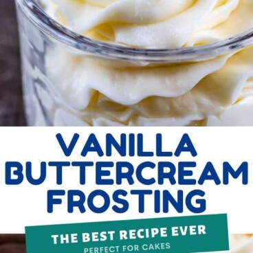 Photo collage showing vanilla buttercream frosting with recipe title in middle of photos