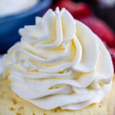 Close up shot of vanilla cupcake with whipped cream frosting on top