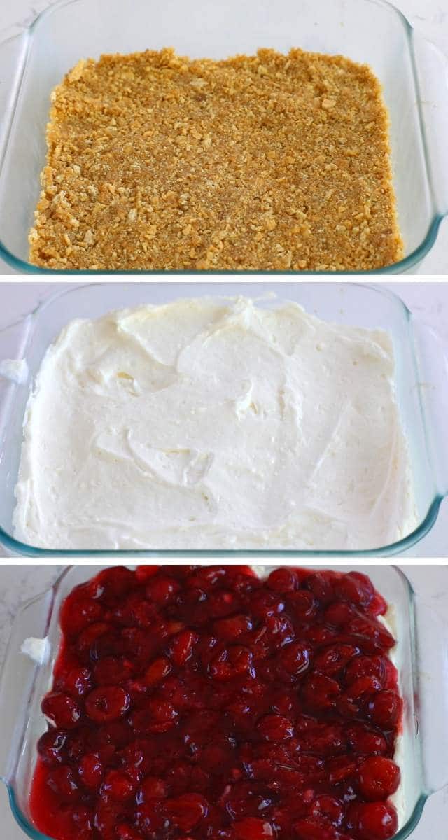 collage of three photos: graham cracker crust in pan, cream cheese filling, cherry topping