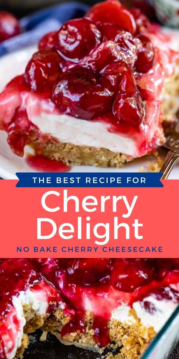 Photo collage of cherry delight dessert with color block and recipe title in the middle