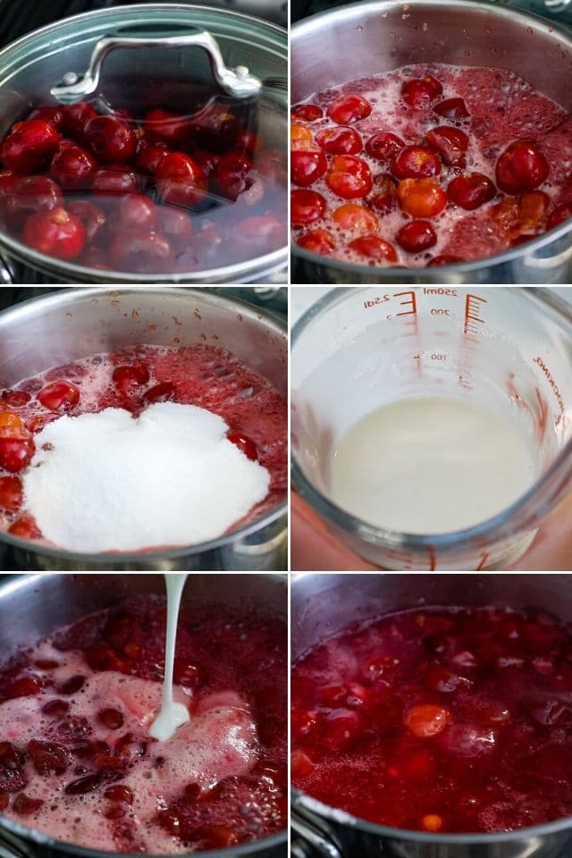 6 photo collage showing the process of making cherry pie filling