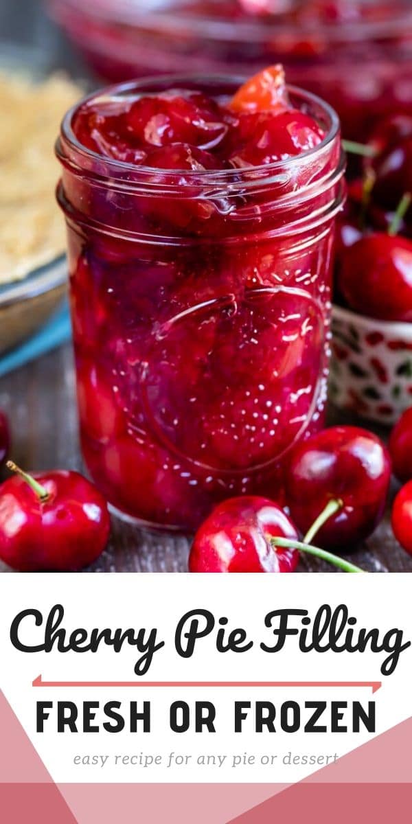 Cherry pie filling in a glass mason jar with recipe title on the bottom of photo