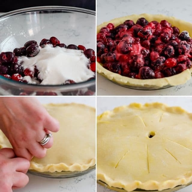 Photo collage of steps in creating cherry pie