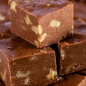 stack of fudge pieces with words on photo