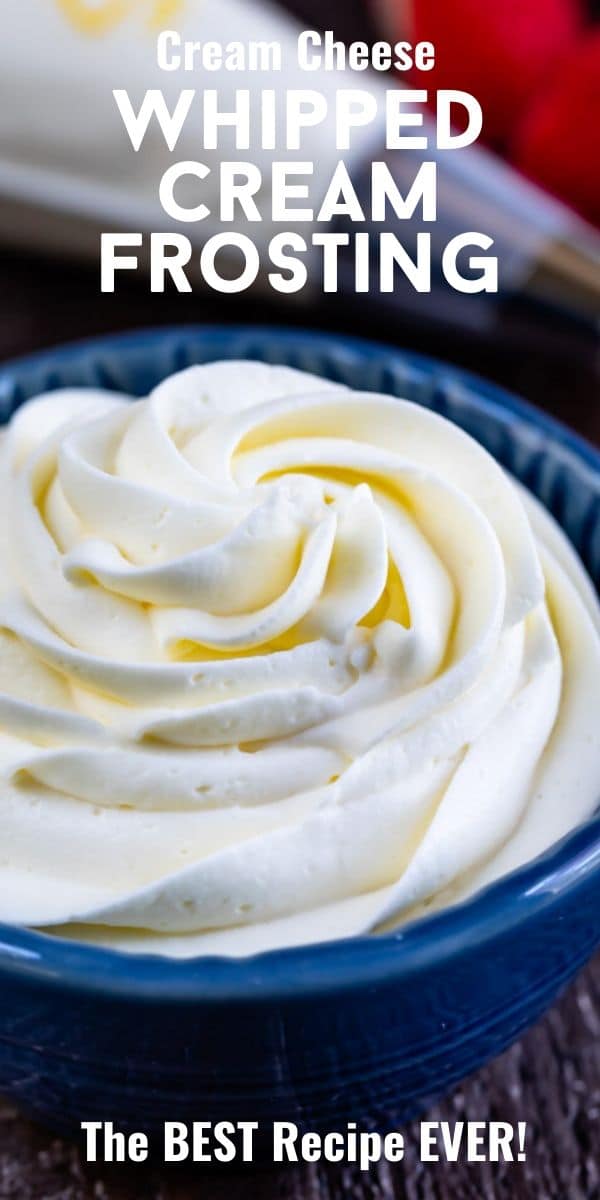 Whipped cream frosting in a blue bowl with recipe title on top